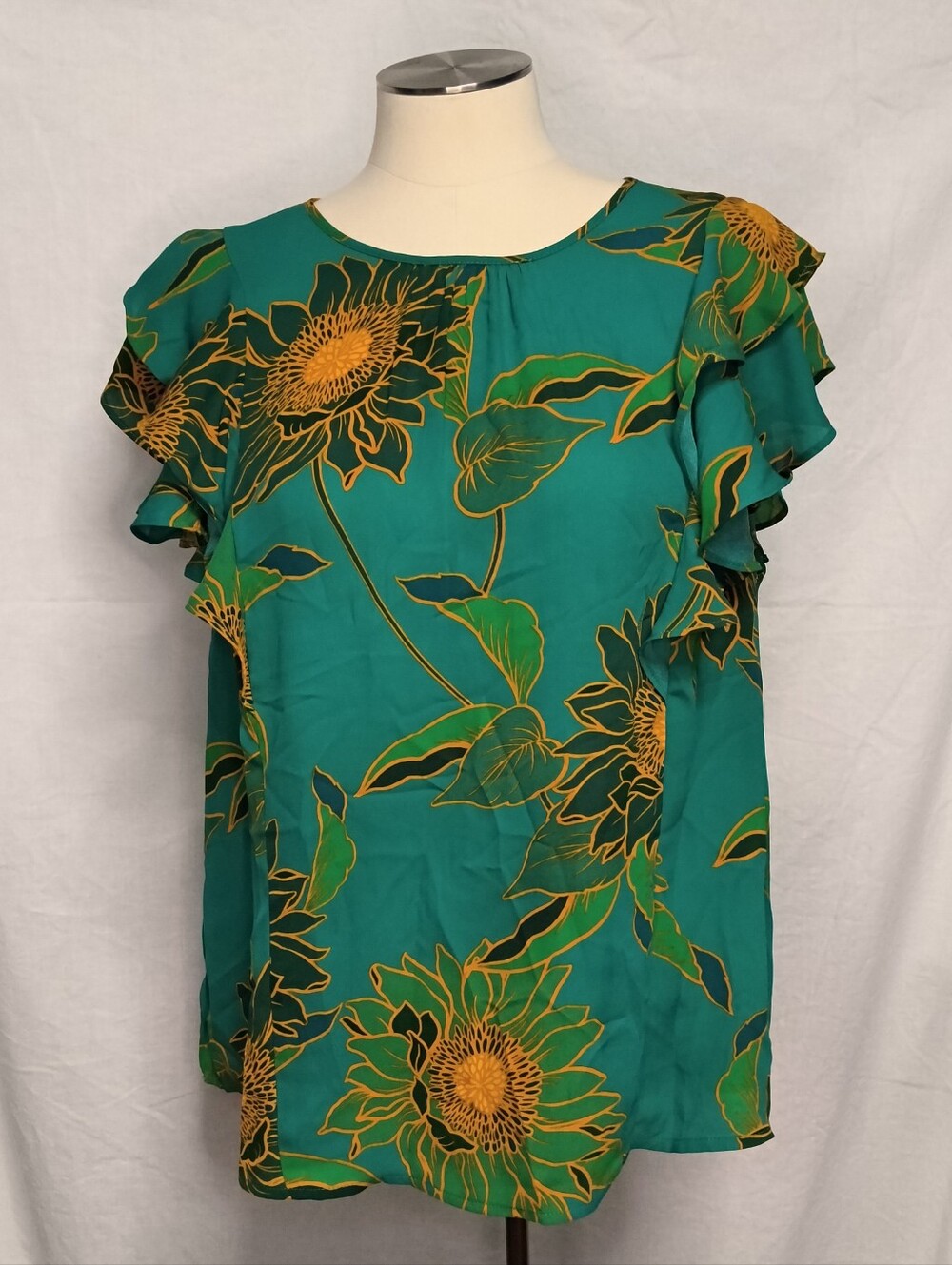 DR2 Teal Floral with Sunflowers Ruffle Sleeve Blouse Size L